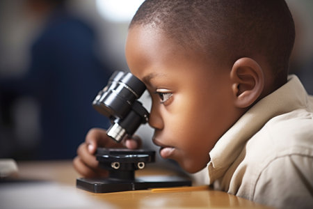 shot of a young boy using a microscope in his classroom, created with generative aiの素材