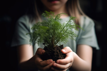 shot of an unrecognizable girl holding a plant growing out of soil, created with generative aiの素材