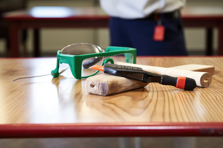 shot of a pair of safety glasses and a hammer on a table at an elementary school, created with generative aiの素材