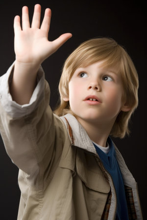 a young boy reaching out towards copyspace, created with generative aiの素材