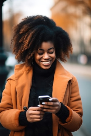 black female hands, smile and phone on happy student with mobile app in the city outdoors, created with generative aiの素材