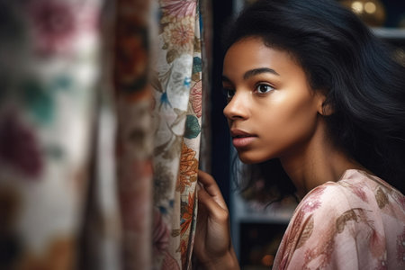 cropped shot of a young woman looking at fabric, created with generative aiの素材