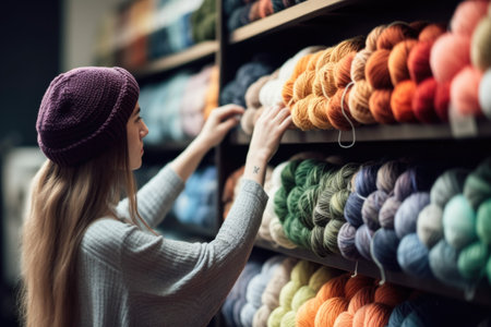 cropped shot of a young woman shopping for yarn in her store, created with generative aiの素材