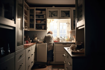 shot of an unidentifiable person rearranging kitchen cupboards in their home, created with generative aiの素材
