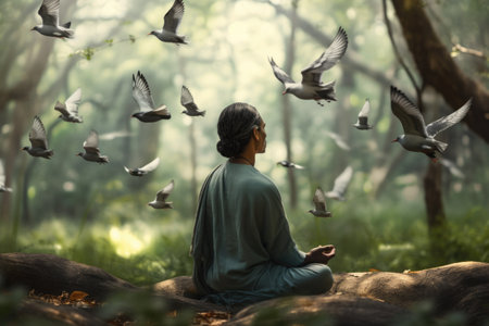 person, meditating in serene and peaceful forest, with birds singing in the background, created with generative aiの素材