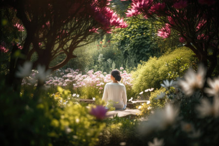 person, meditating in tranquil garden surrounded by blooming flowers, created with generative aiの素材