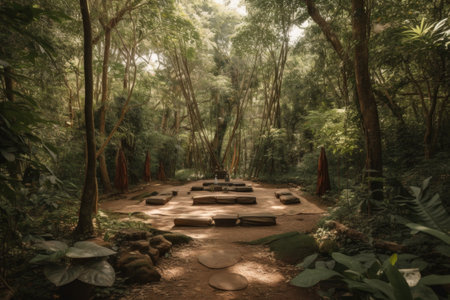 forest with hidden yoga and meditation space, surrounded by greenery and tall trees, created with generative aiの素材