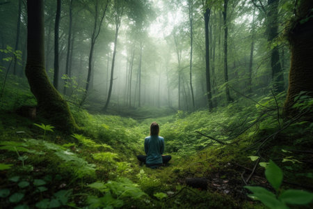 person, practicing yoga and meditation in damp forest, surrounded by trees and greenery, created with generative aiの素材