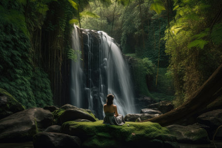 person, in peaceful pose, surrounded by waterfall and greenery, created with generative aiの素材