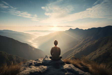 person, practicing yoga and meditation in serene mountain landscape, created with generative aiの素材