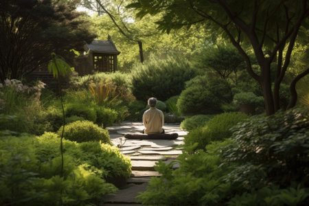 person, meditating in peaceful garden, with gentle breeze and birdsong, created with generative aiの素材