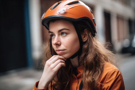 portrait of a young woman checking her cycling helmet, created with generative aiの素材