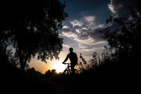 silhouette shot of a man riding his bicycle in the open air, created with generative aiの素材