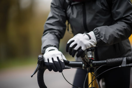 closeup of a cyclist on his bike and holding a helmet, created with generative aiの素材