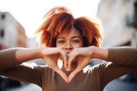shot of a young woman making a heart shape with her hands while standing outside, created with generative aiの素材