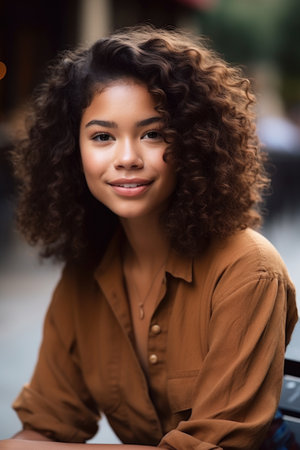 cropped shot of an attractive young woman sitting outside, created with generative aiの素材