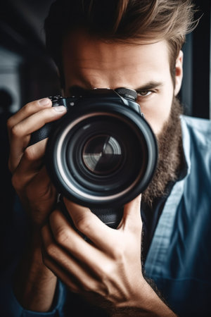 cropped shot of a photographer framing his picture using his camera and lens, created with generative aiの素材
