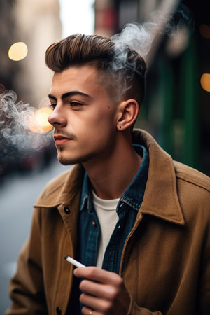 cropped shot of a handsome young man smoking in the city, created with generative aiの素材