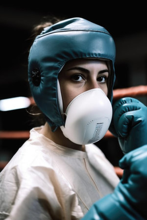 cropped close up image of a young woman wearing protective equipment while boxing, created with generative aiの素材