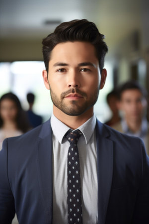 portrait of a handsome young business professional standing in an office with colleagues in the background, created with generative aiの素材