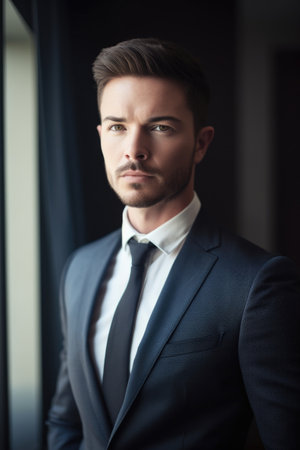portrait of a handsome young businessman standing in the office, created with generative aiの素材