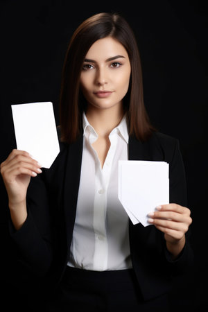 studio shot of a young businesswoman holding up blank cards, created with generative aiの素材