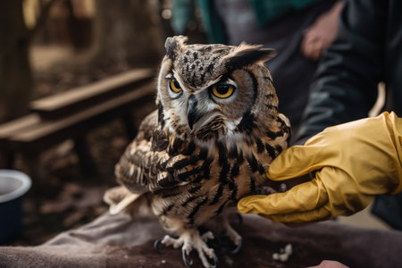 wildlife rescuer treating injured owl, with close-up of its feathers and talons, created with generative aiの素材