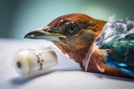 close-up of a birds eye, with visible bandage and medical equipment, created with generative ai