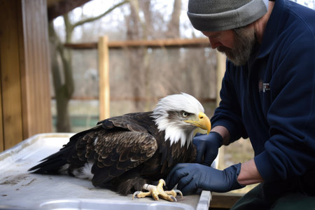 wildlife rehabilitator treating injured bald eagle with broken wing, created with generative aiの素材