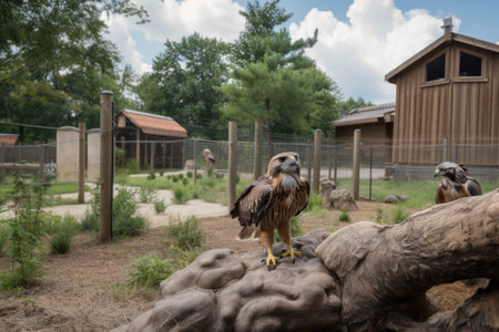 wildlife rehabilitation center with birds of prey and songbirds in enclosures, created with generative aiの素材