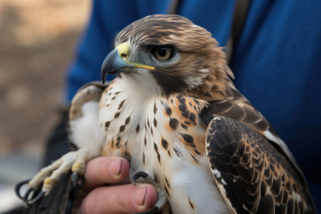wildlife rehabilitator treating injured hawk, with bandages and medicines visible, created with generative aiの素材