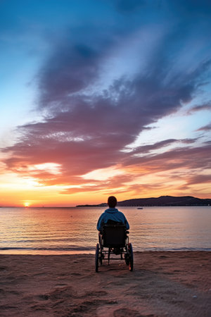 shot of a young man in a wheelchair looking out to sea at sunset, created with generative aiの素材