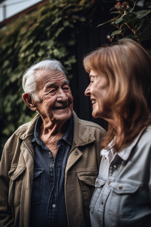 shot of a senior couple in their backyard, created with generative aiの素材