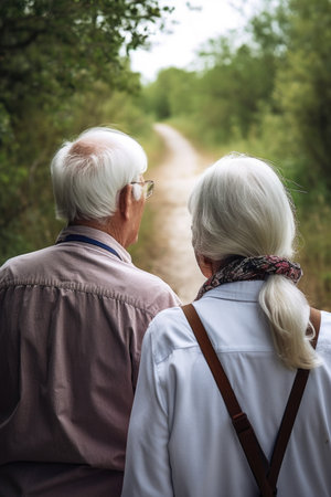 rearview shot of a senior couple out on a nature walk during the day, created with generative aiの素材