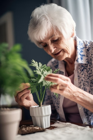 shot of a senior woman looking at her plant and stamping on it, created with generative aiの素材