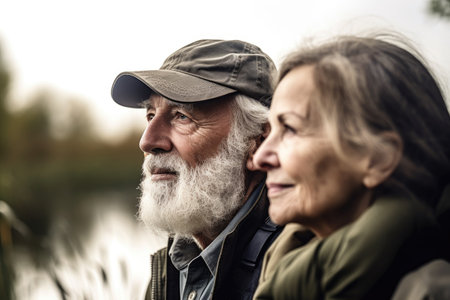 shot of a senior man out with his wife on a birdwatching trip, created with generative aiの素材