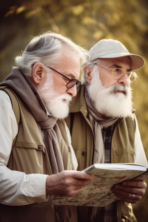 shot of two senior men looking at a bird life guide while enjoying nature together, created with generative aiの素材