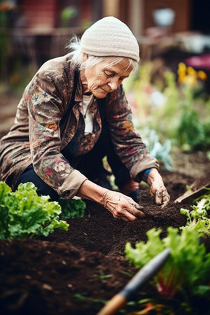 shot of a woman planting garden vegetables in a community plot, created with generative aiの素材