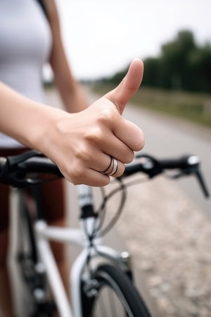 cropped shot of an unrecognizable woman showing thumbs up while cycling outdoors, created with generative aiの素材