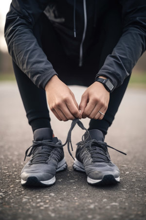 cropped shot of an unrecognizable man tying his shoe laces before cycling outdoors, created with generative aiの素材