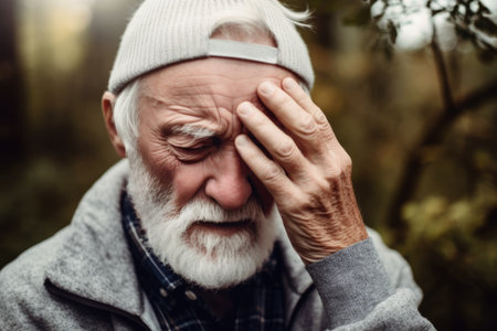 shot of a senior man holding his face in pain while working outdoors, created with generative aiの素材