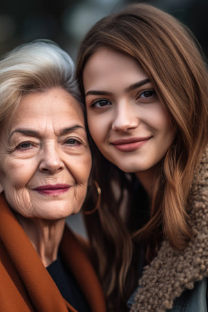 cropped portrait of a young woman enjoying the outdoors with her senior mother, created with generative aiの素材