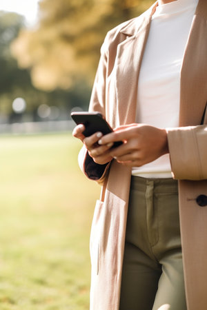 cropped shot of an unrecognizable woman using a cellphone in the park, created with generative aiの素材
