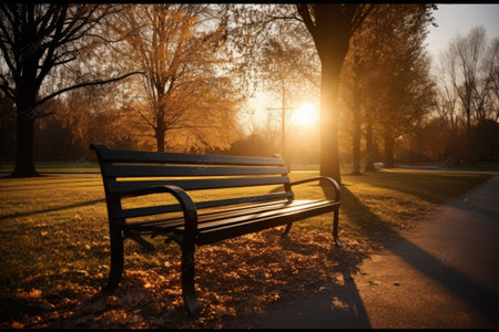 shot of an empty park bench at sunset, created with generative aiの素材