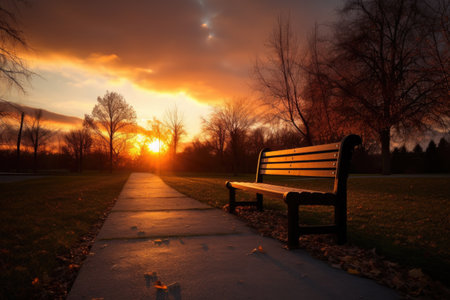 shot of an empty park bench at sunset, created with generative aiの素材