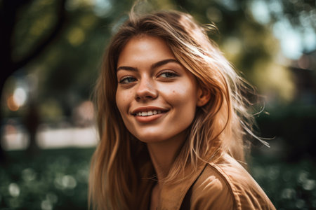 portrait shot of a young woman enjoying the day at a park, created with generative aiの素材