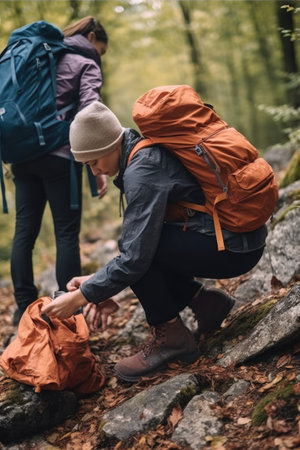 cropped shot of two people checking on their belongings while hiking, created with generative aiの素材