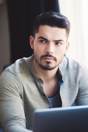 portrait of a handsome young man using his laptop while sitting at home, created with generative aiの素材