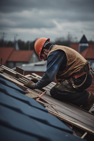cropped shot of a builder working on the roof of a house, created with generative aiの素材