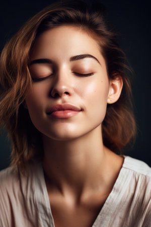 shot of a beautiful young woman posing with her eyes closed, created with generative aiの素材